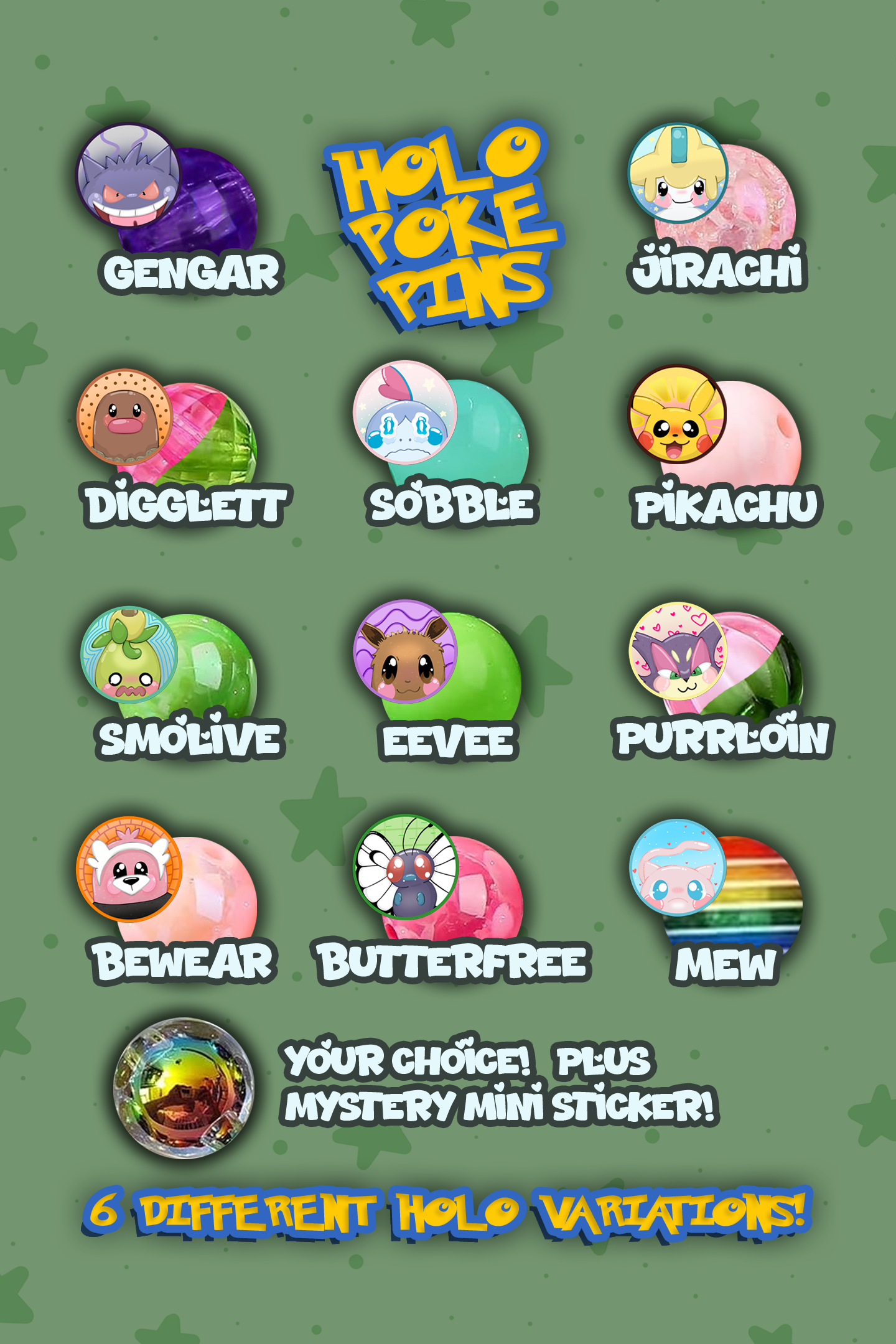 1" Pocket Monster Holographic Mystery Button Pins